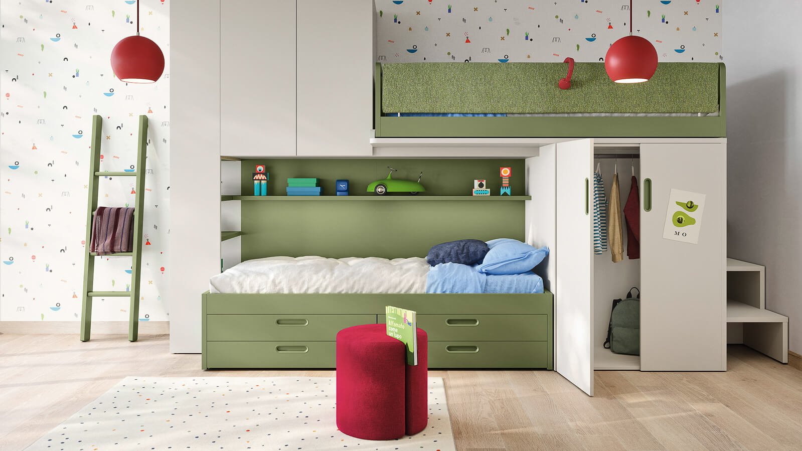 Cameretta con letto a soppalco scorrevole skid