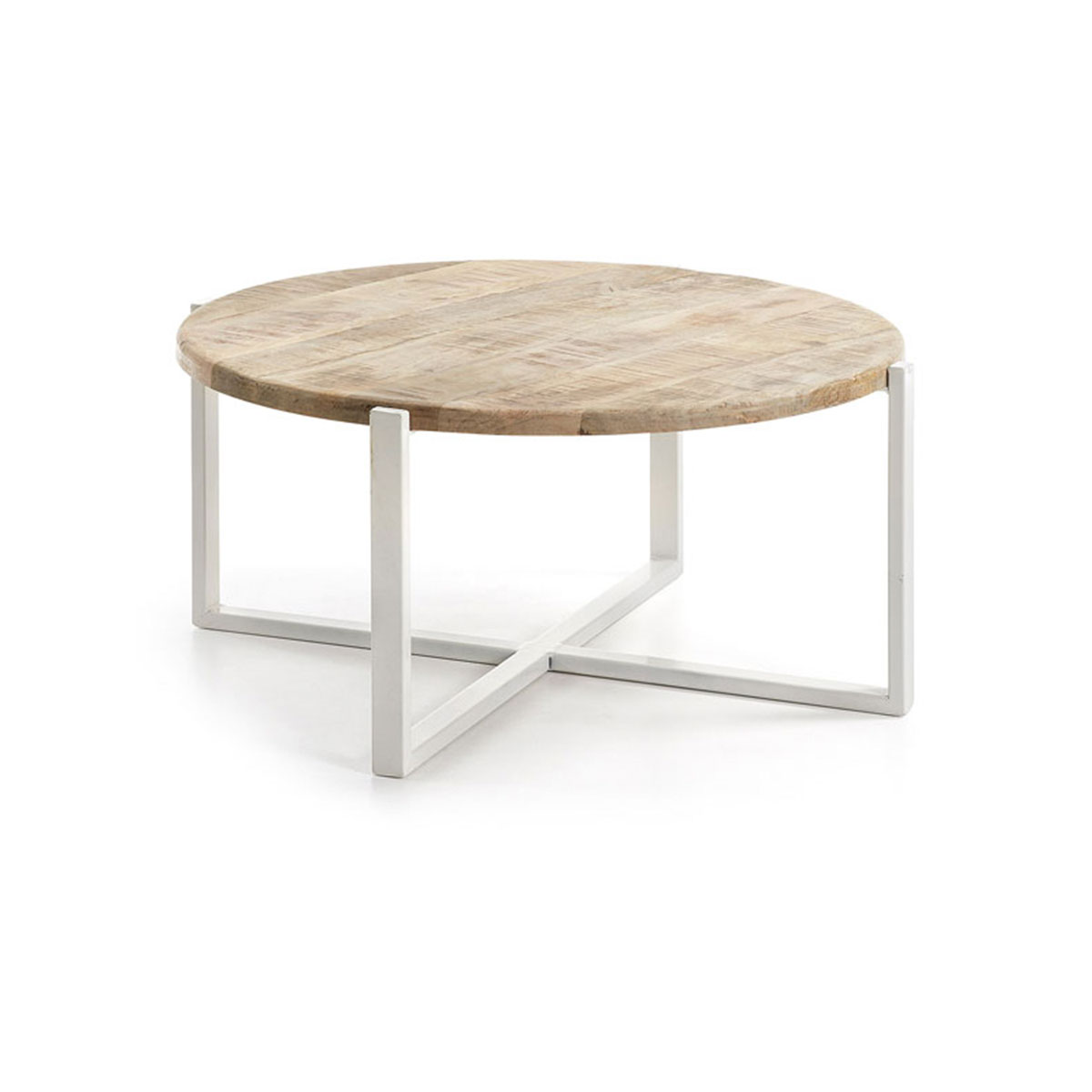 Tavolino Ivan rotondo con struttura in metallo e piano in legno.